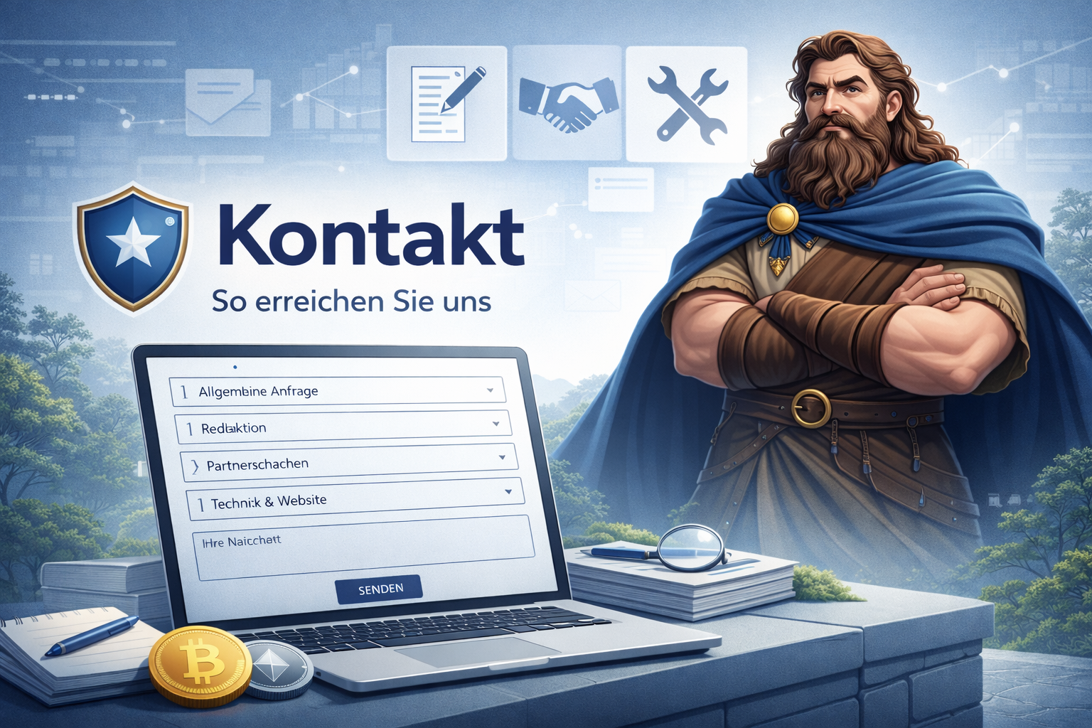 Illustration der Kontaktseite von Casino Reus mit einem Riesen als Symbol für Transparenz und Vertrauen sowie einem Kontaktformular für Anfragen